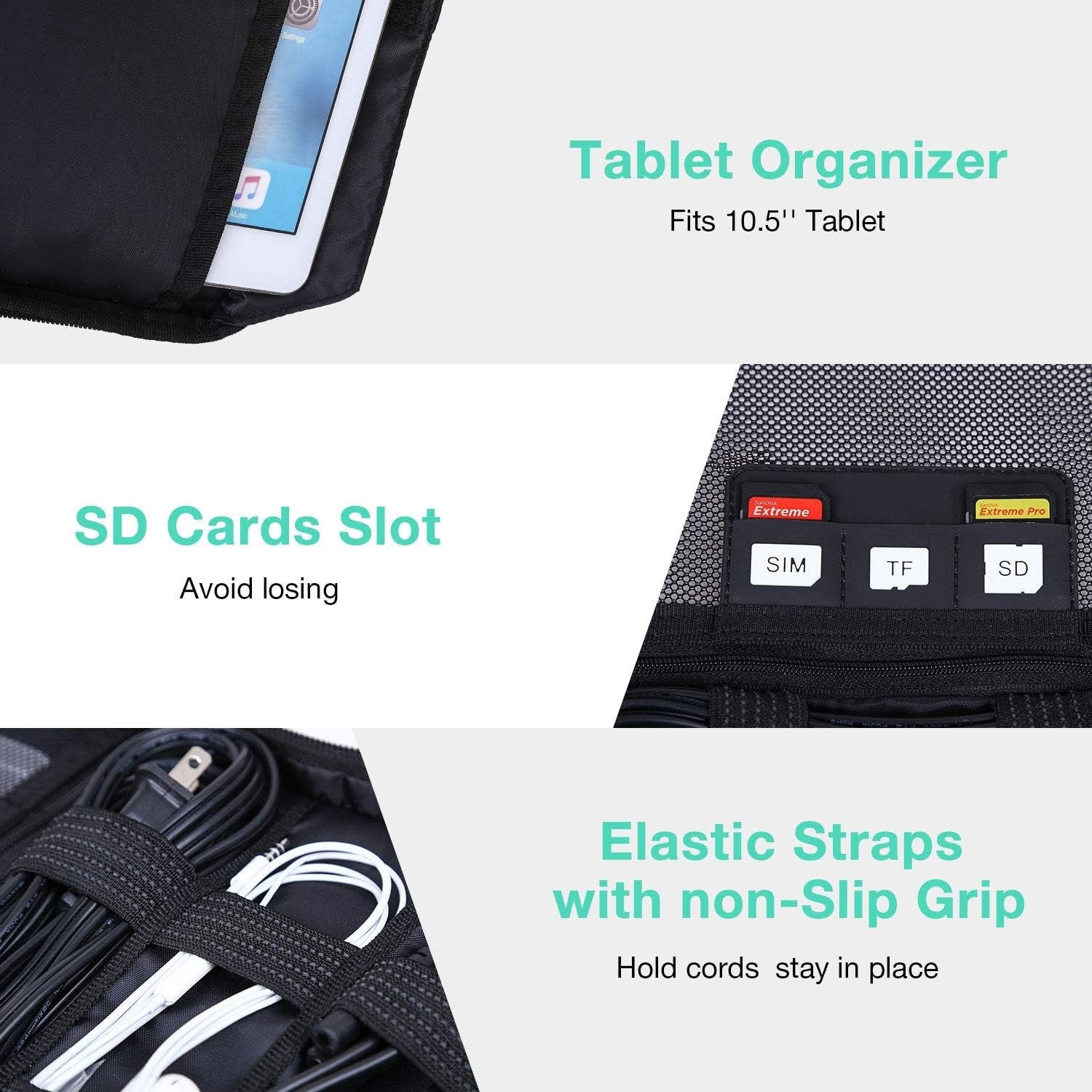Electronic Organizer, Accessories Organizer Travel Double Layer Electronics Bag Large for 10.5 Inch Ipad Pro, Adapter, Cables, Black